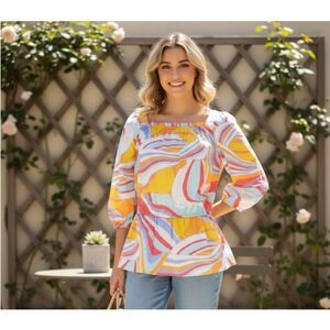 Ashley Stewart Blouse Retro Color Ruffle Top Papaya NWT Womens Size 12